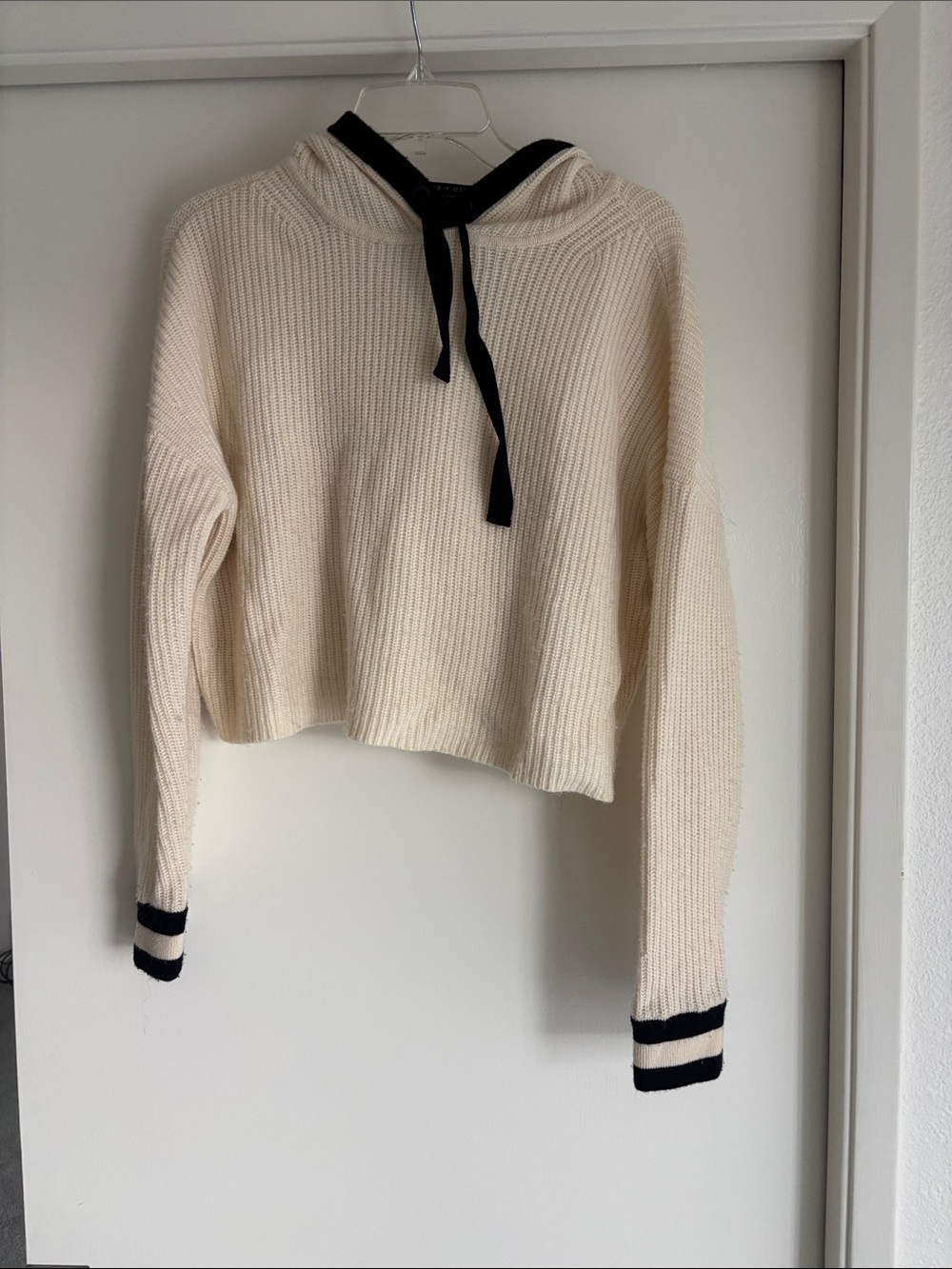 Cozy Cropped Hooded wool and cashmere Sweater in Cream with Black Trim